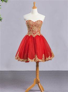 Picture of Red Color Sweetheart Tulle Short Homecoming Dresses with Gold Applique, Short Formal Dress